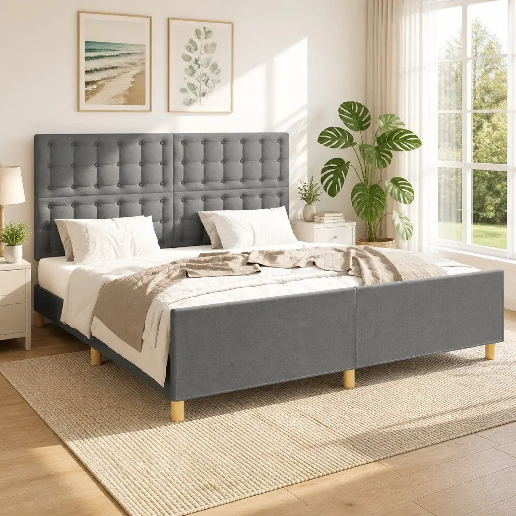 Grey Fabric Queen Bed Frame with Adjustable Headboard