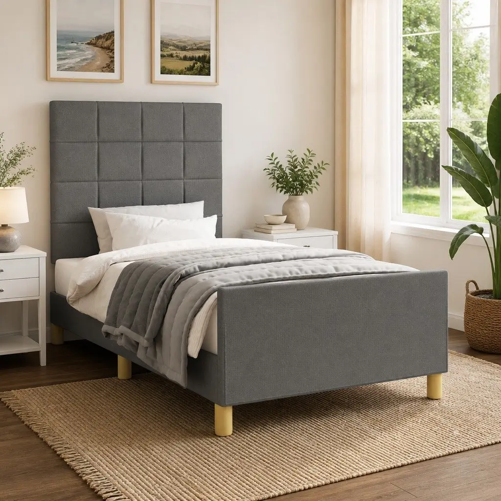 King Single Bed Frame with Adjustable Grey Fabric Headboard