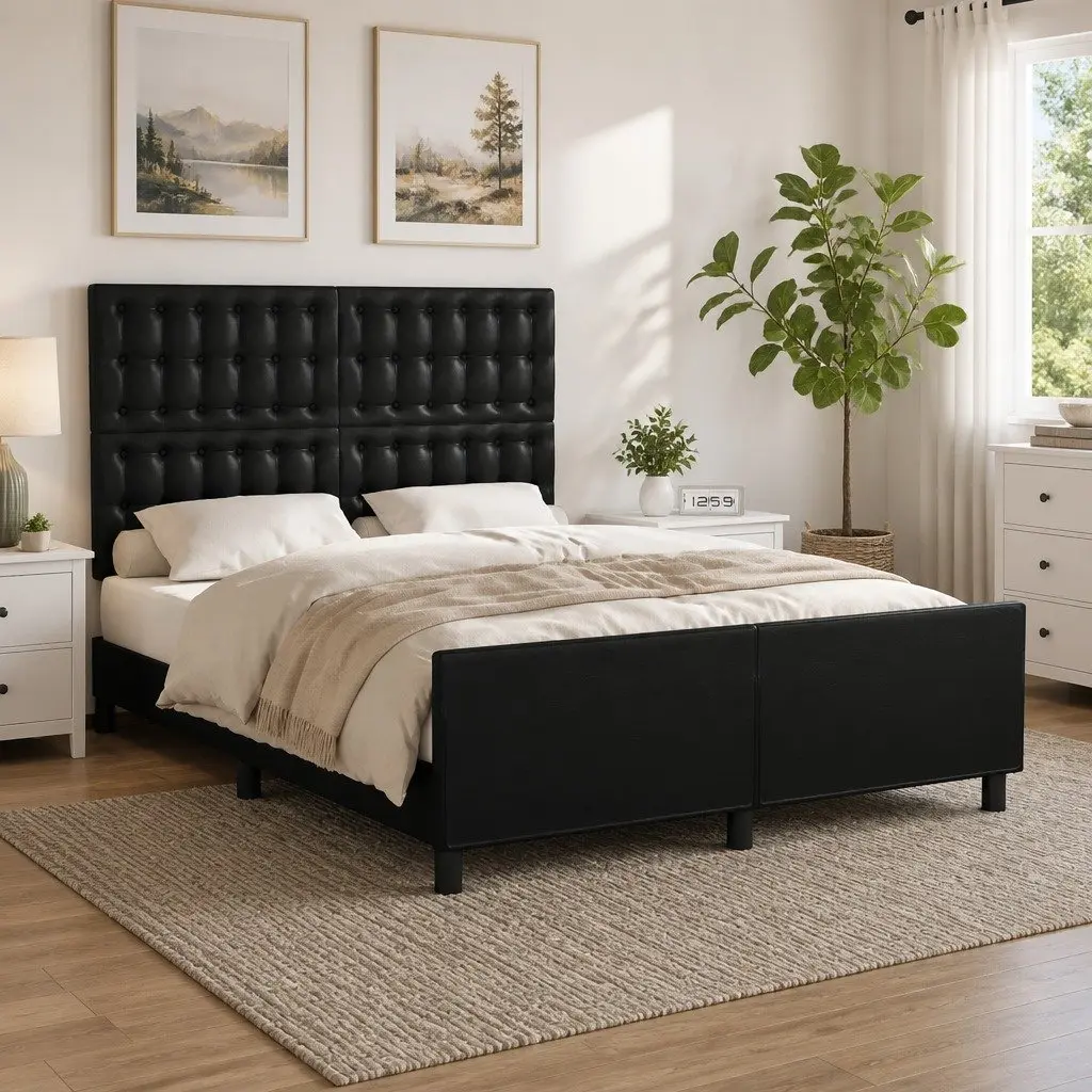 Double Bed Frame With Black Faux Leather Headboard
