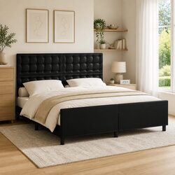 Stylish Queen Bed Frame with Black Faux Leather Headboard