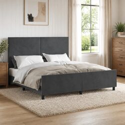Dark Grey Velvet Queen Bed Frame with Headboard