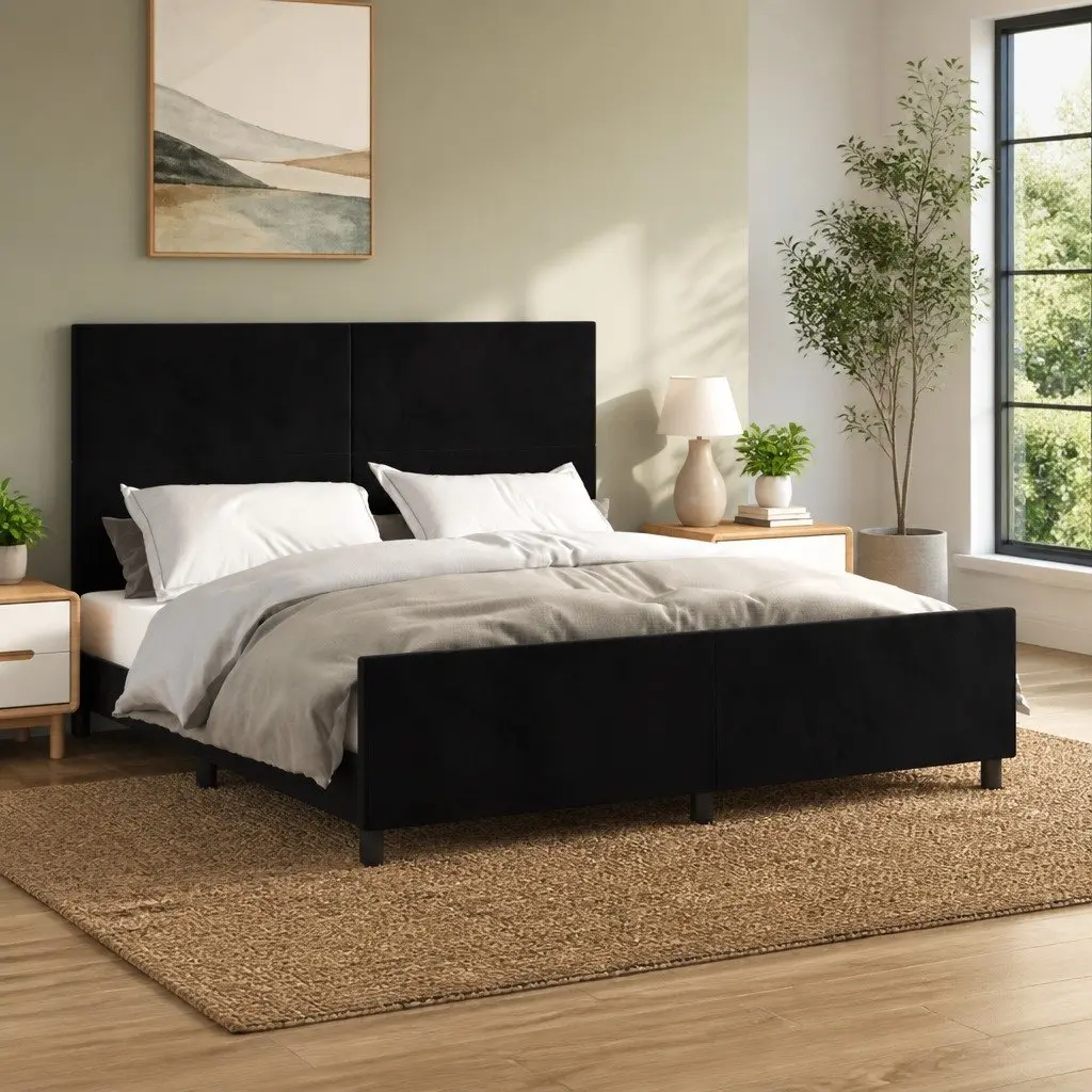 Queen Bed Frame with Black Velvet Headboard 152x203cm