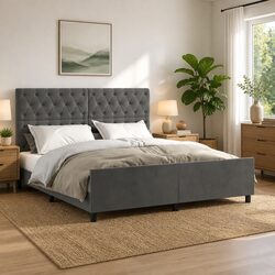 Adjustable Height Dark Grey Velvet Queen Bed Frame