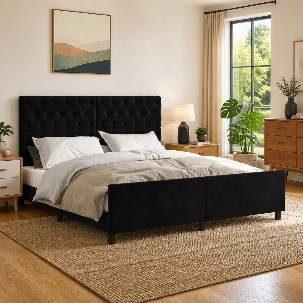 Queen Bed Frame Black Velvet 152x203cm Adjustable Height