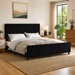 Black Velvet Queen Bed Frame with Adjustable Headboard