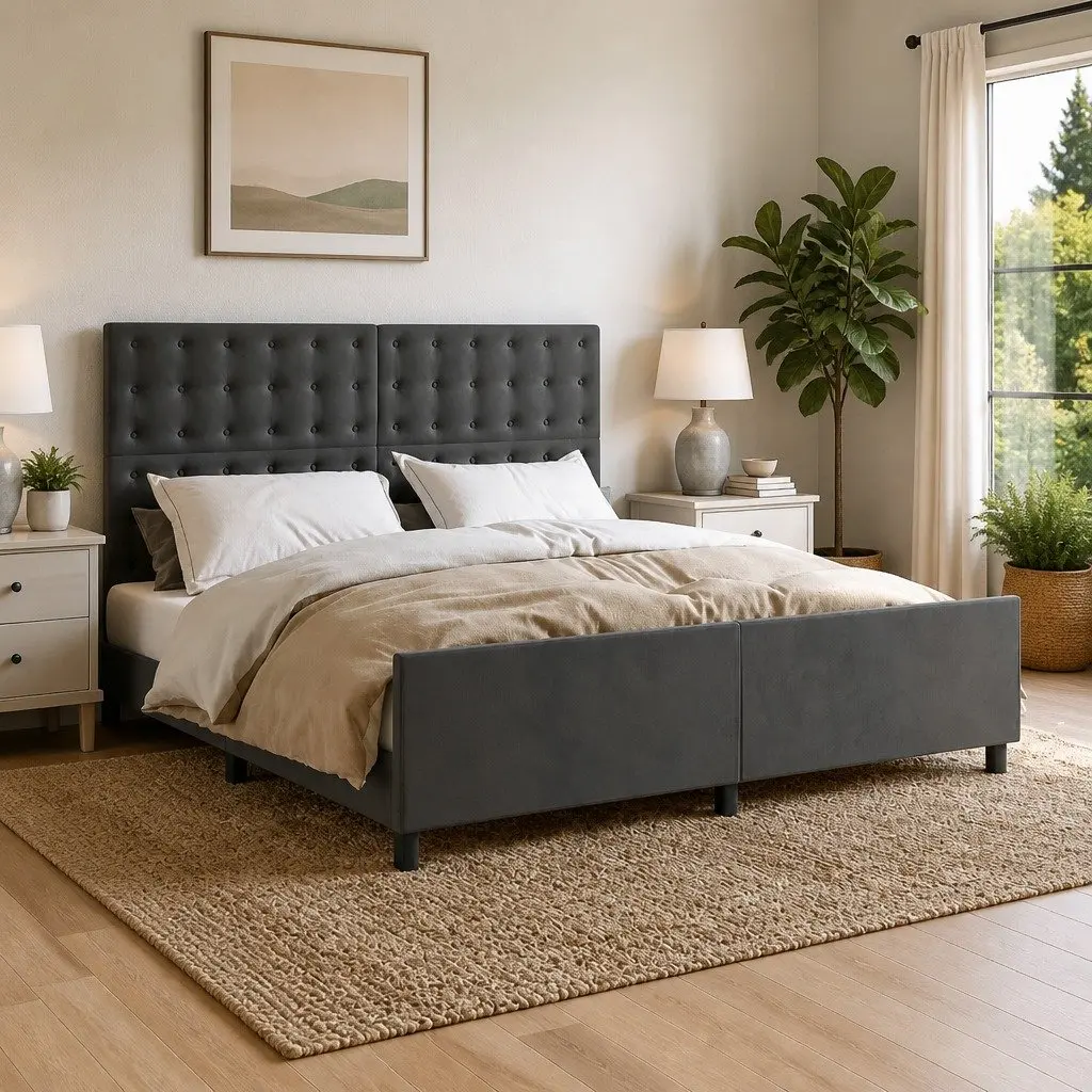 Dark Grey Velvet Queen Bed Frame with Headboard 152x203 cm