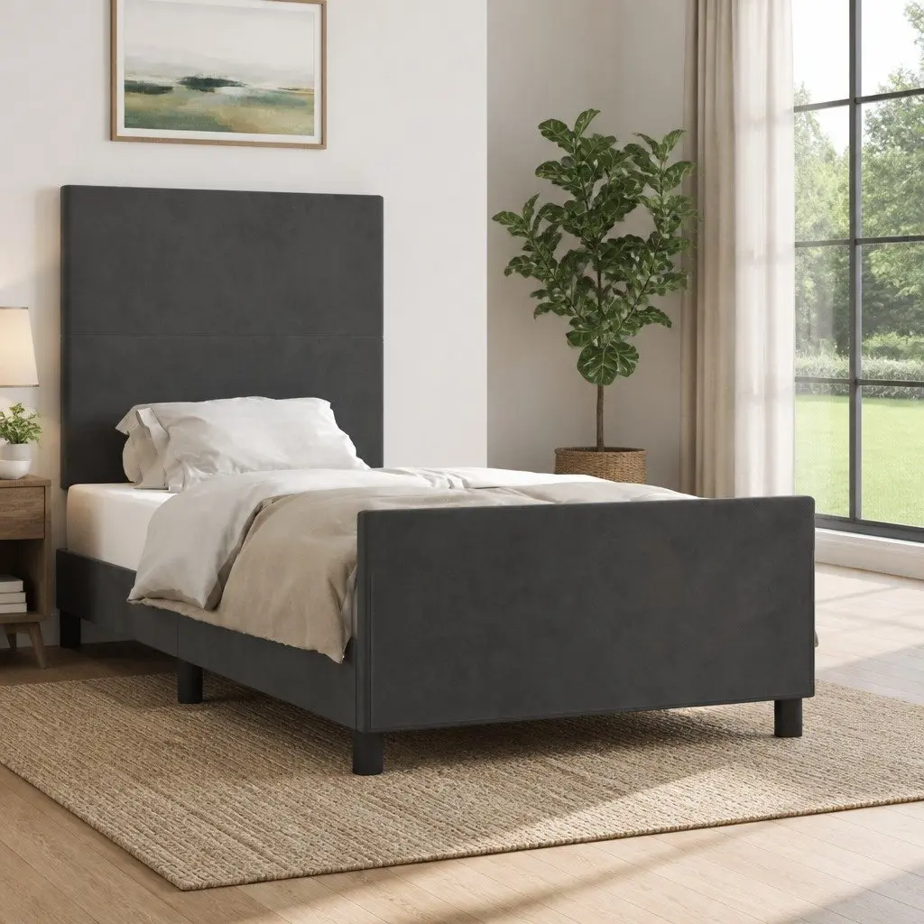 King Single Bed Frame with Grey Velvet Headboard