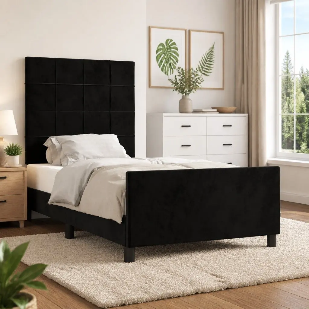 Black Velvet King Single Bed Frame with Adjustable Headboard