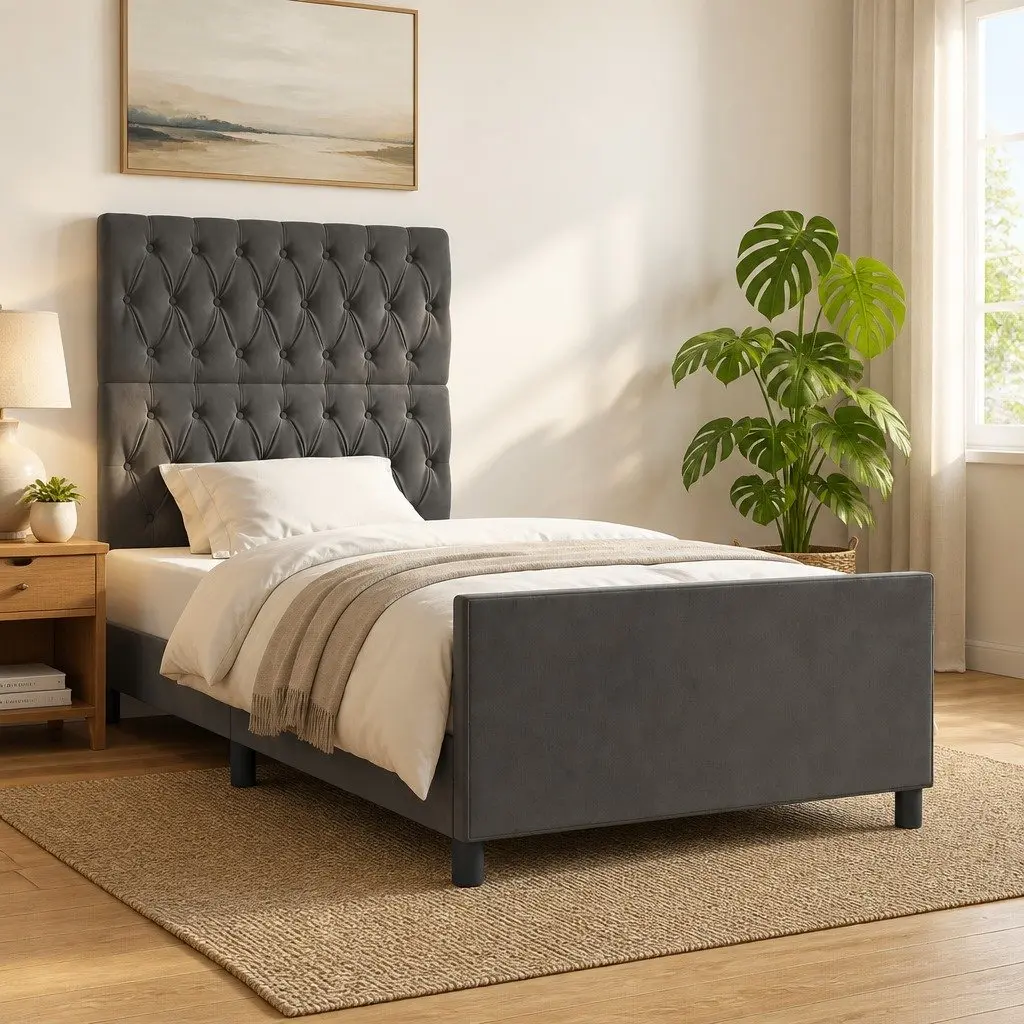 King Single Bed Frame Grey Velvet 107x203cm