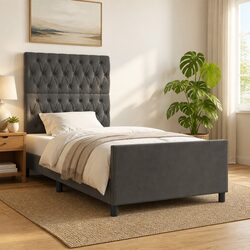 King Single Bed Frame with Grey Velvet Headboard 107x203cm