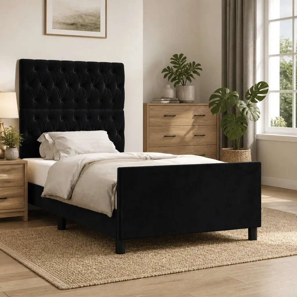 King Single Bed Frame with Velvet Headboard