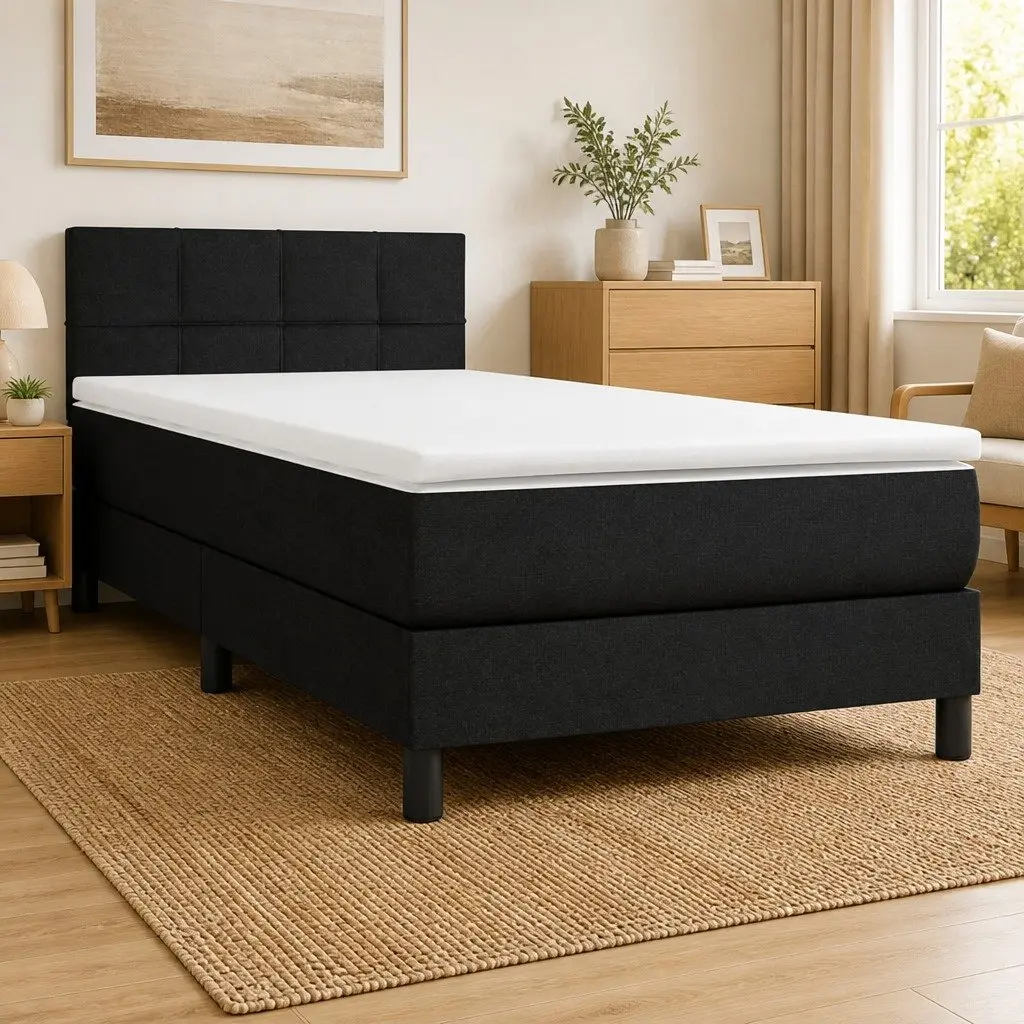 Box Spring Bed Black Fabric King Single 106x203 cm with Pocket Mattress