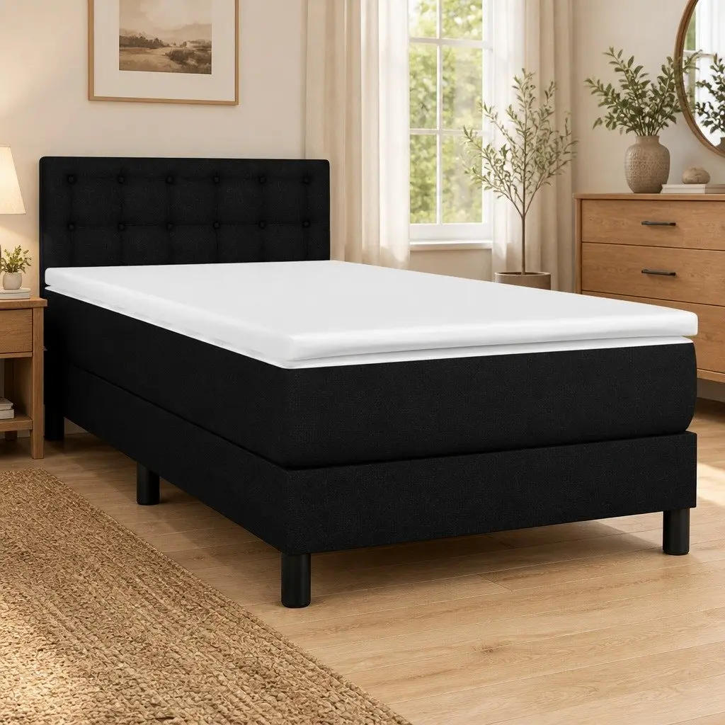 King Single Bed Frame with Pocket Spring Mattress Adjustable Black Fabric Headboard