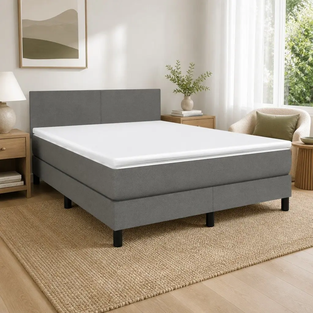 Queen Size Box Spring Bed with Adjustable Headboard Pocket Spring Mattress Grey Fabric