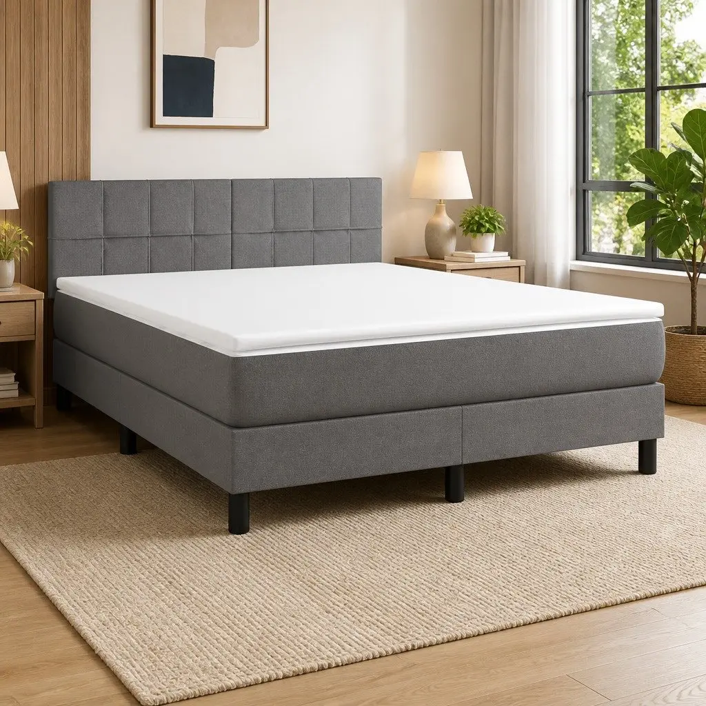Queen Size Box Spring Bed Grey Fabric Adjustable Height Headboard Pocket Spring Mattress