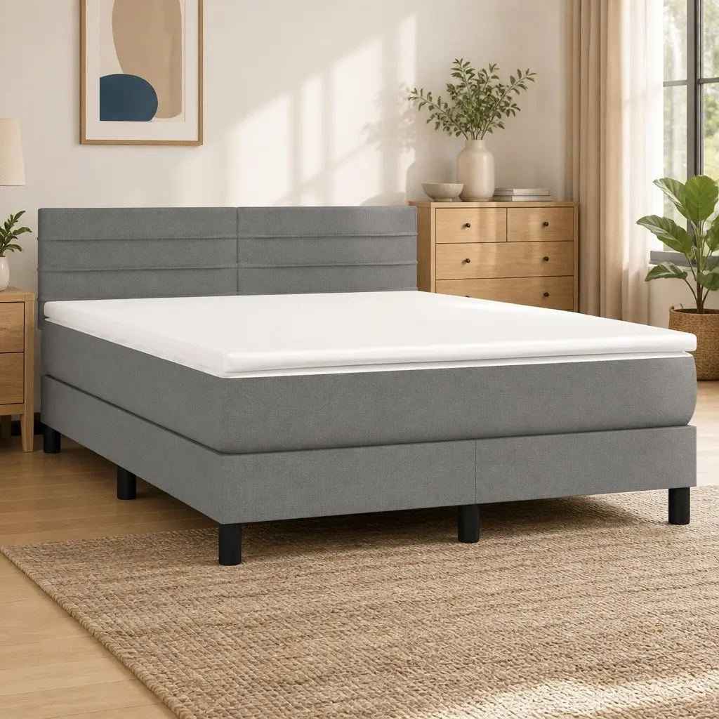 Box Spring Bed with Mattress Dark Grey Fabric Queen Size Adjustable Headboard