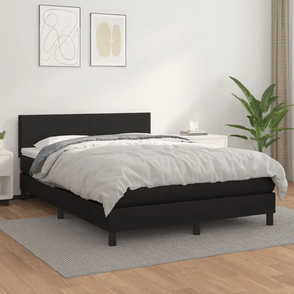 Box Spring Bed Black Faux Leather Queen Size with Pocket Spring Mattress