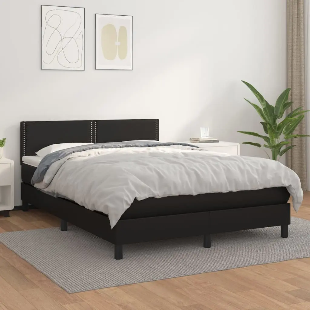 Queen Size Box Spring Bed Black Faux Leather with Pocket Spring Mattress