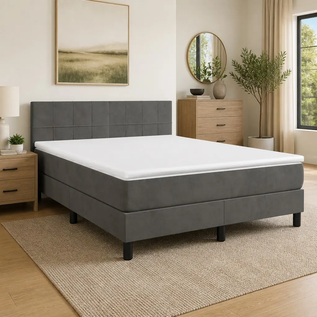 Queen Size Box Spring Bed Dark Grey Velvet 153x203cm with Pocket Spring Mattress