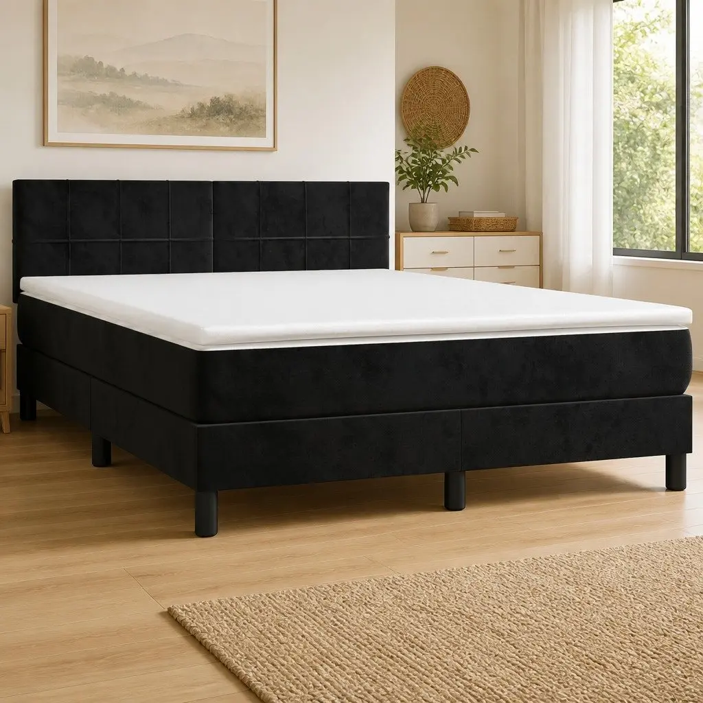 Box Spring Bed with Pocket Spring Mattress Black Velvet Queen Size 153x203cm