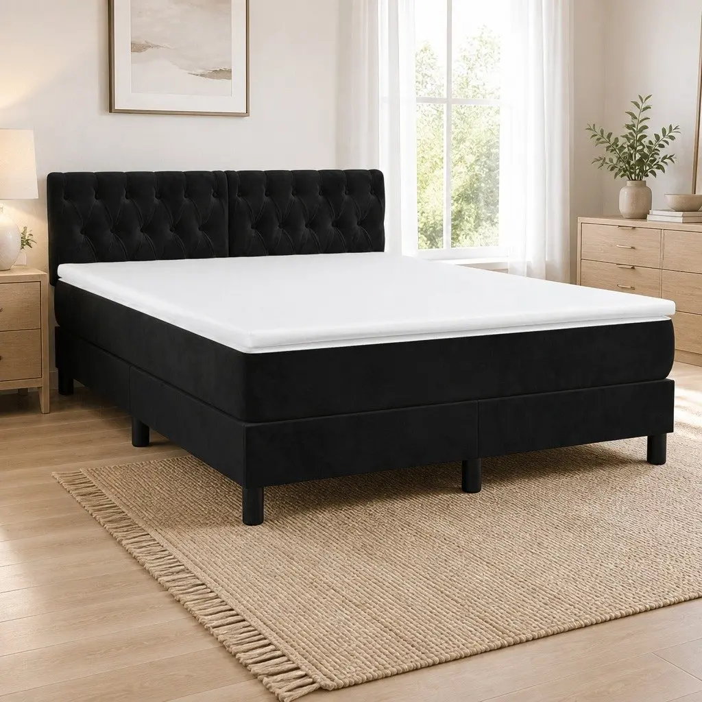 Box Spring Bed Black Velvet Queen Size with Adjustable Headboard and Pocket Spring Mattress