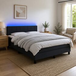 Grey Fabric Queen Size Box Spring Bed with LED Headboard