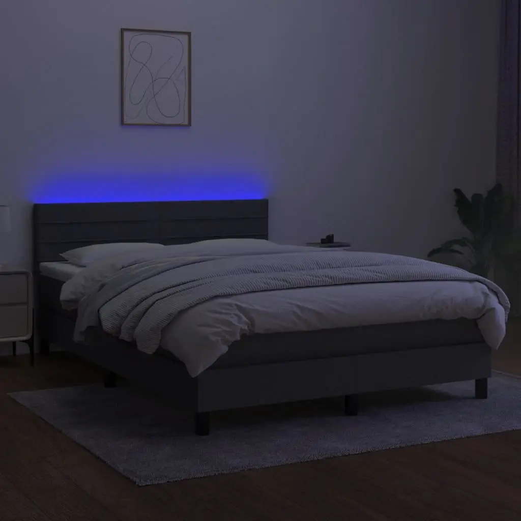 Queen Size Box Spring Bed with Pocket Spring Mattress Adjustable LED Headboard Grey Fabric