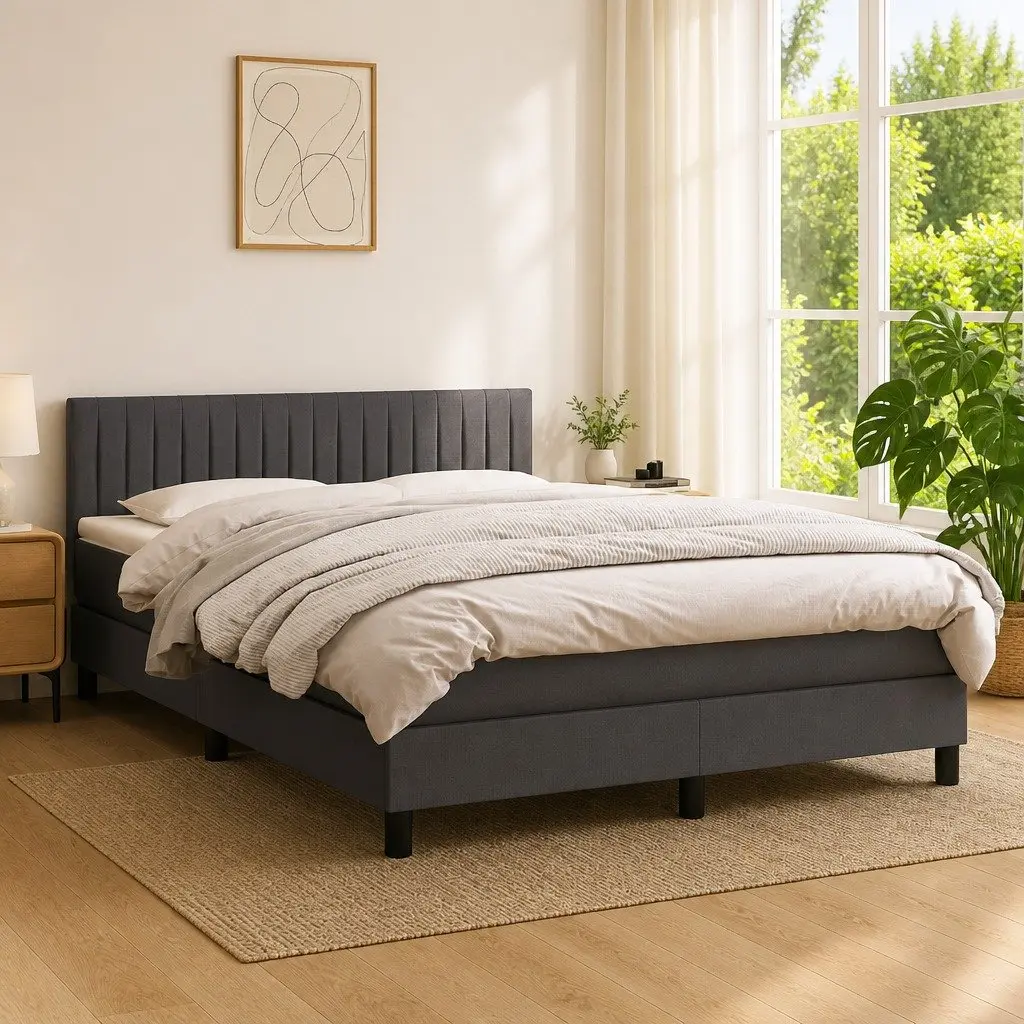 Queen Size Bed Frame with Adjustable Headboard Pocket Spring Mattress Grey Fabric