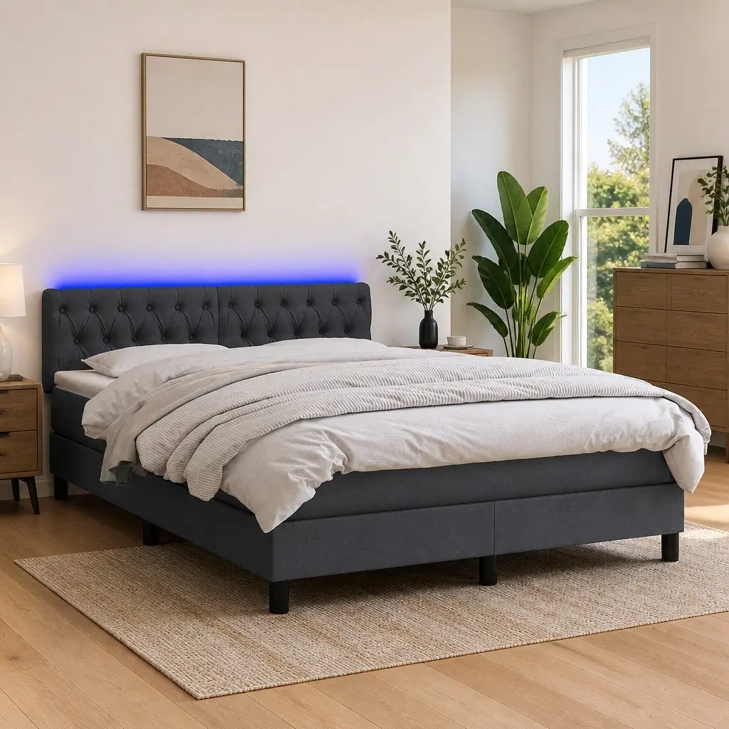 Pocket Spring Mattress Queen Size Box Spring Bed Grey Fabric Adjustable LED Headboard