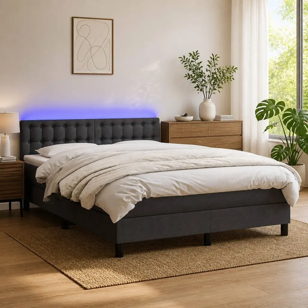 Queen Size Box Spring Bed with Pocket Spring Mattress Grey Fabric LED Headboard