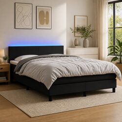Queen Size Box Spring Bed with LED Headboard in Black Faux Leather