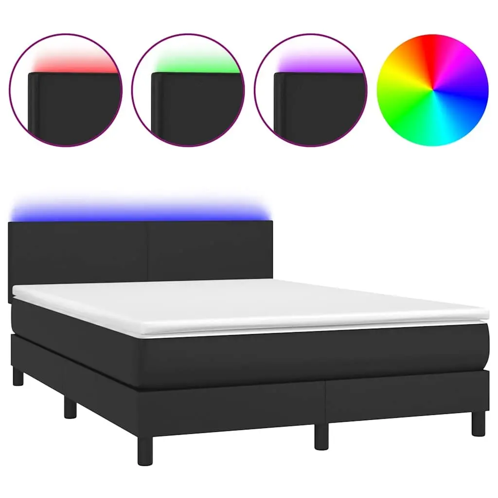 Box Spring Bed Queen Size Black Faux Leather with Pocket Spring Mattress and LED Headboard