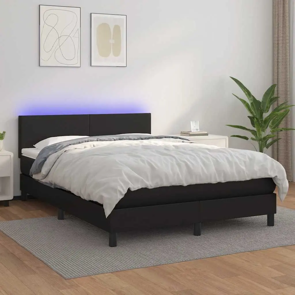 Box Spring Bed Queen Size Black Faux Leather with Pocket Spring Mattress and LED Headboard