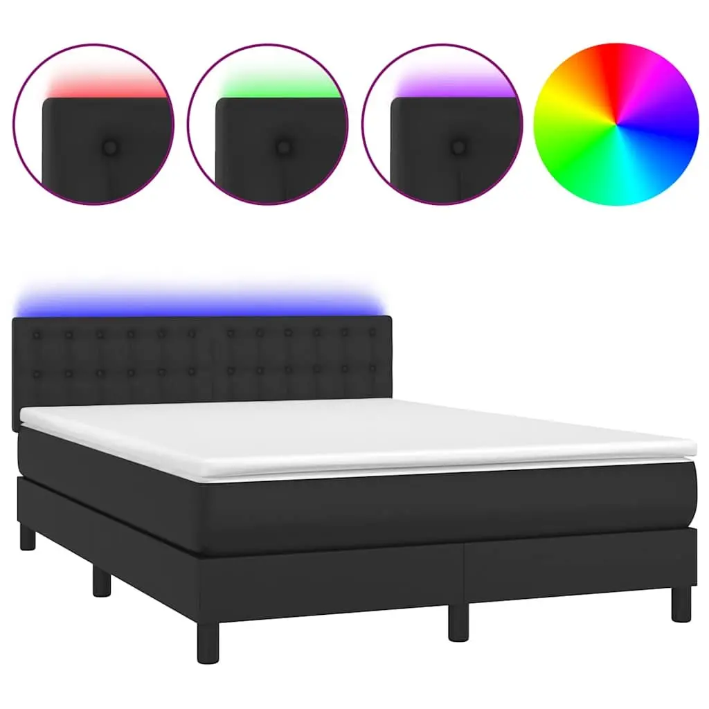 Queen Size Box Spring Bed with Adjustable Headboard Pocket Spring Mattress Faux Leather Upholstery LED Lighting