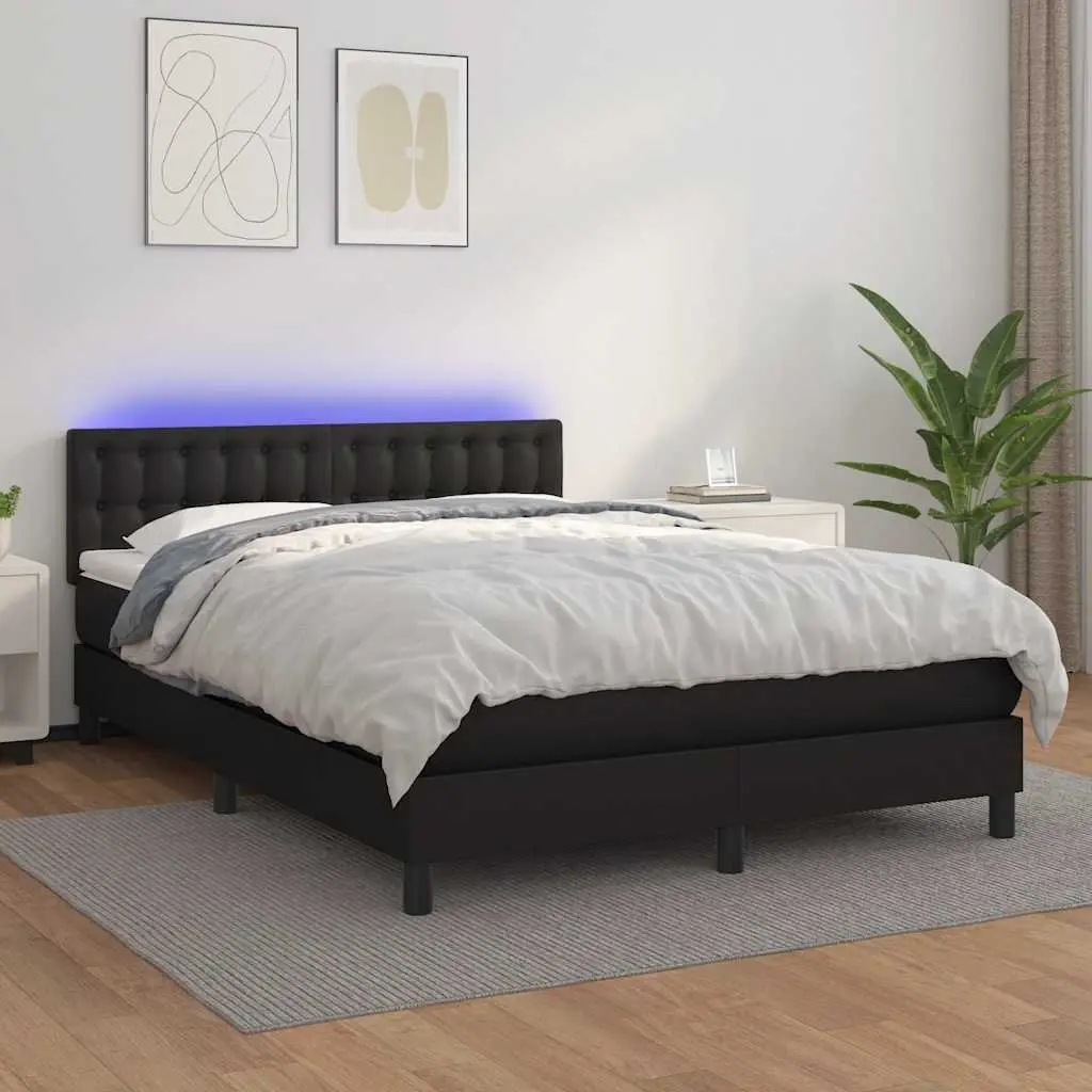Queen Size Box Spring Bed with Adjustable Headboard Pocket Spring Mattress Faux Leather Upholstery LED Lighting