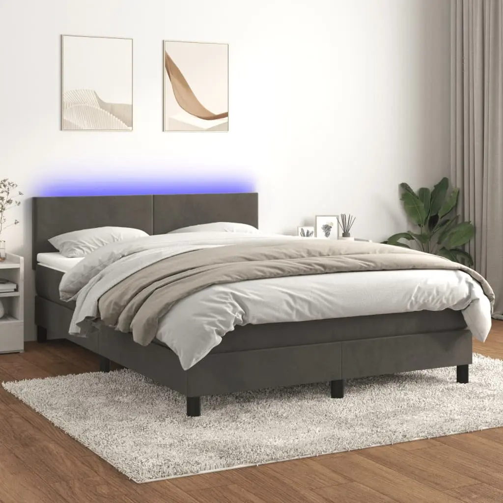 Queen Size Box Spring Bed Dark Grey with Pocket Spring Mattress and Adjustable LED Headboard Velvet Upholstered