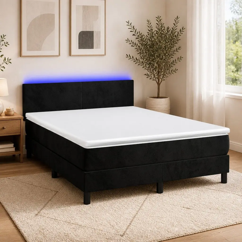 Box Spring Bed Black Velvet Queen Size Pocket Spring Mattress with LED Headboard