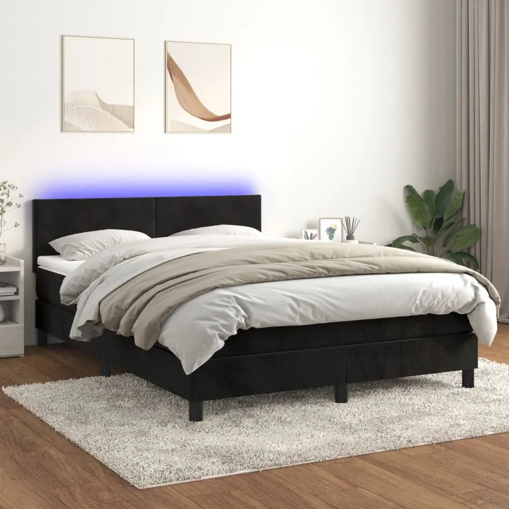 Box Spring Bed Black Velvet Queen Size Pocket Spring Mattress with LED Headboard