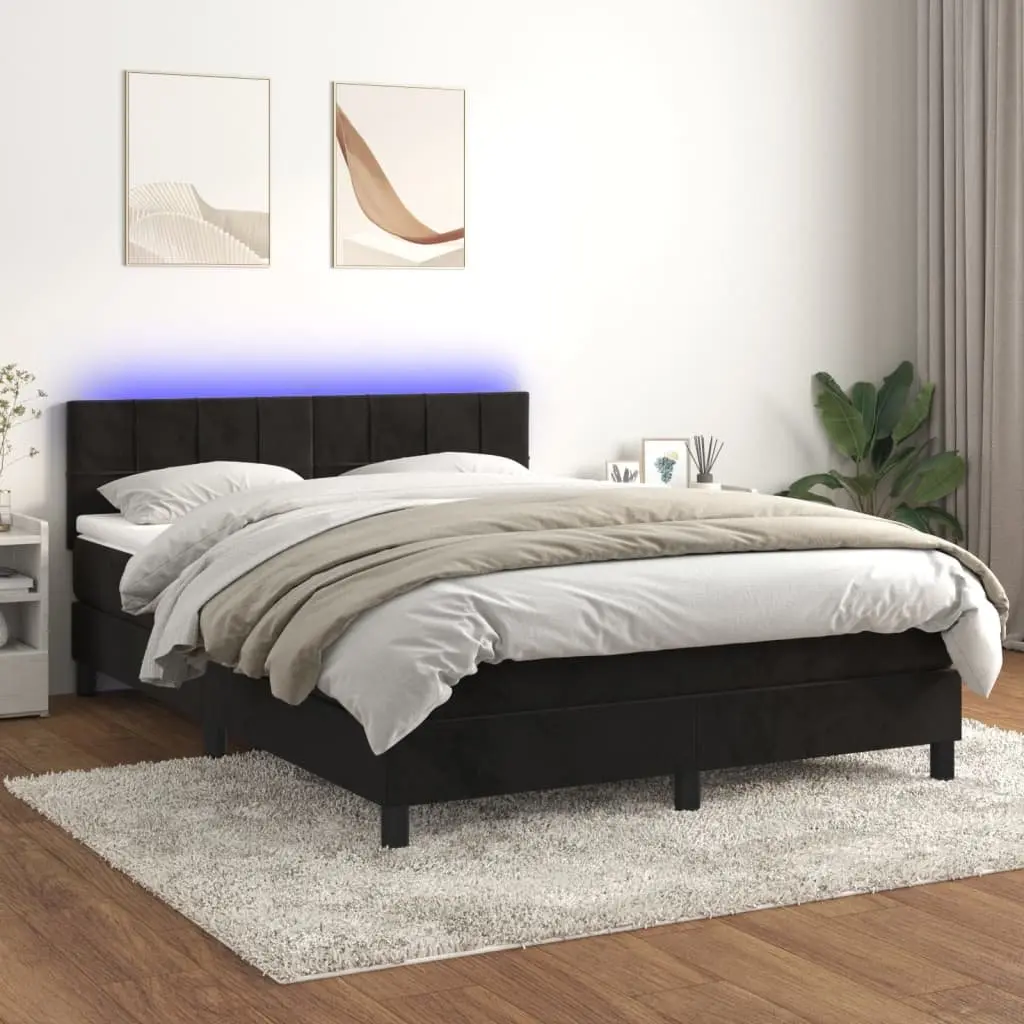 Queen Box Spring Bed Black Velvet with Pocket Spring Mattress and LED Headboard