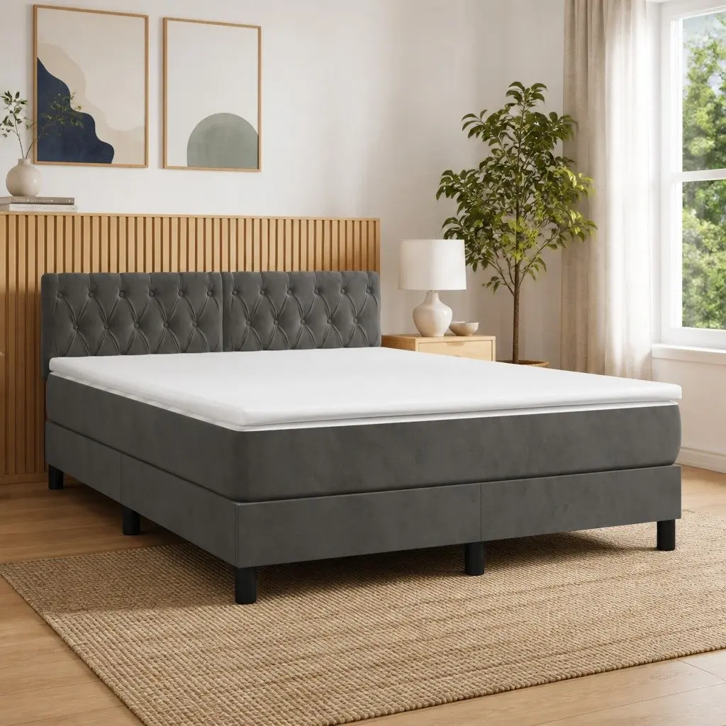Box Spring Bed with Pocket Spring Mattress Adjustable LED Headboard Queen Size Dark Grey Velvet