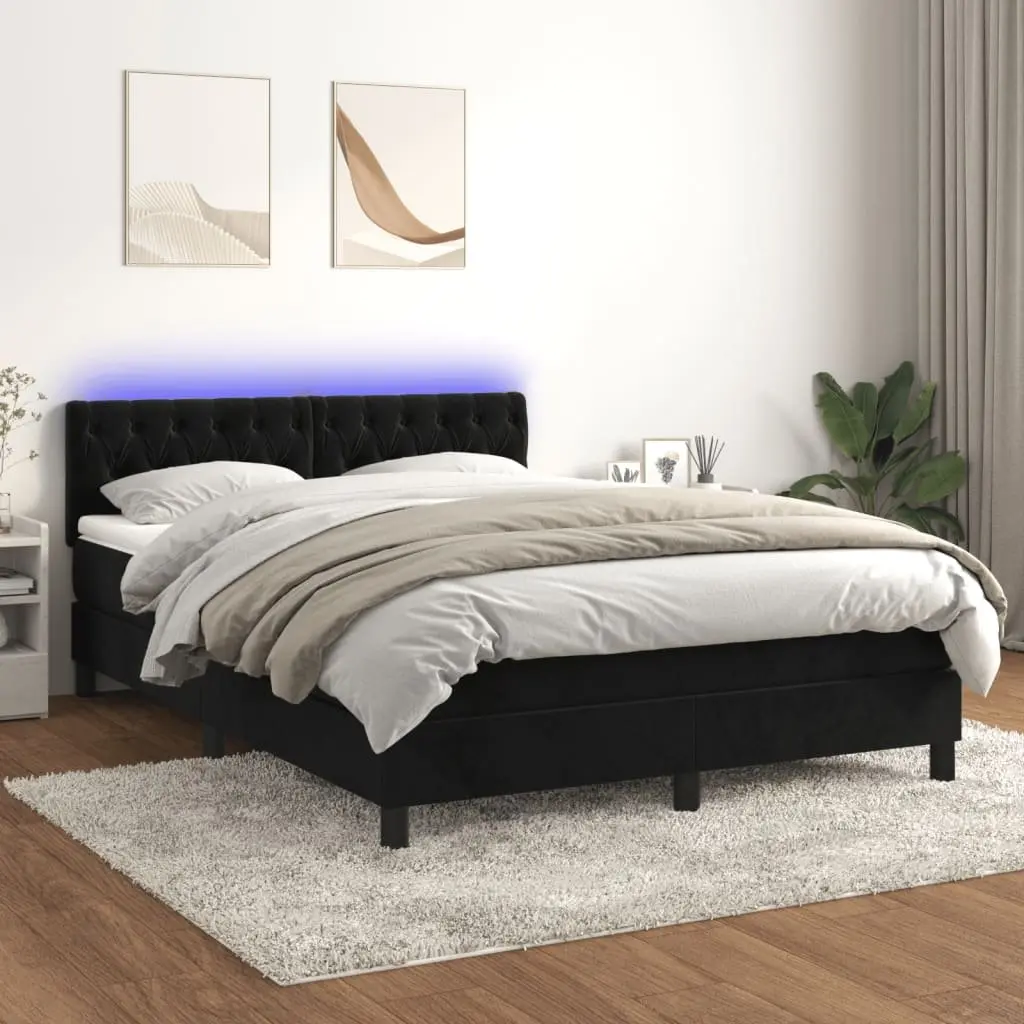 Queen Box Spring Bed Black Velvet 152x203cm with Pocket Mattress and LED Headboard