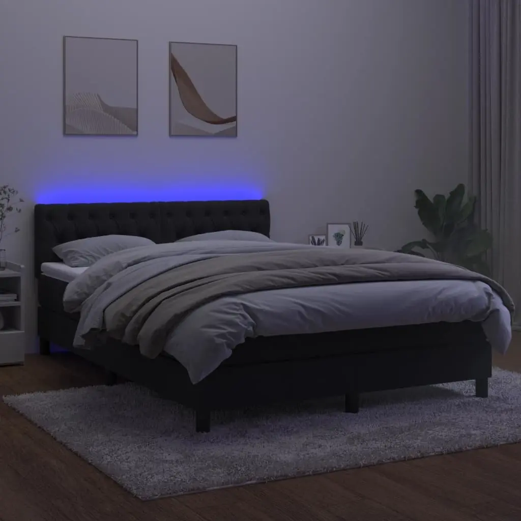 Queen Box Spring Bed Black Velvet 152x203cm with Pocket Mattress and LED Headboard