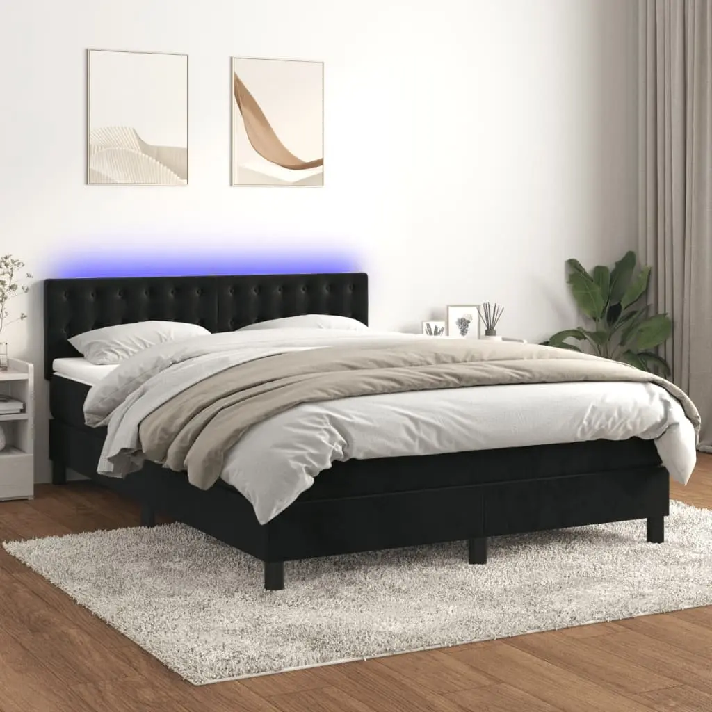 Box Spring Bed Pocket Spring Mattress Adjustable Velvet Headboard LED Black 152x203cm
