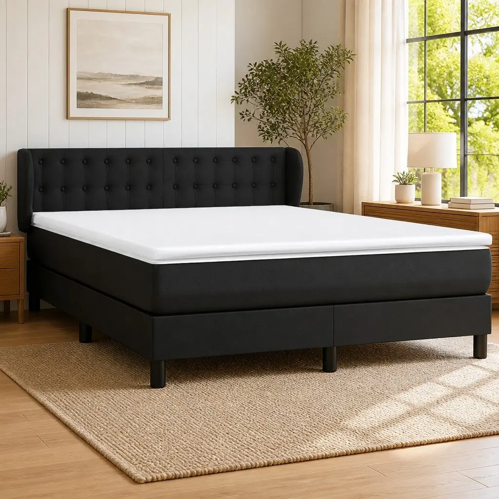 Box Spring Bed with Pocket Spring Mattress Black Faux Leather Queen Size