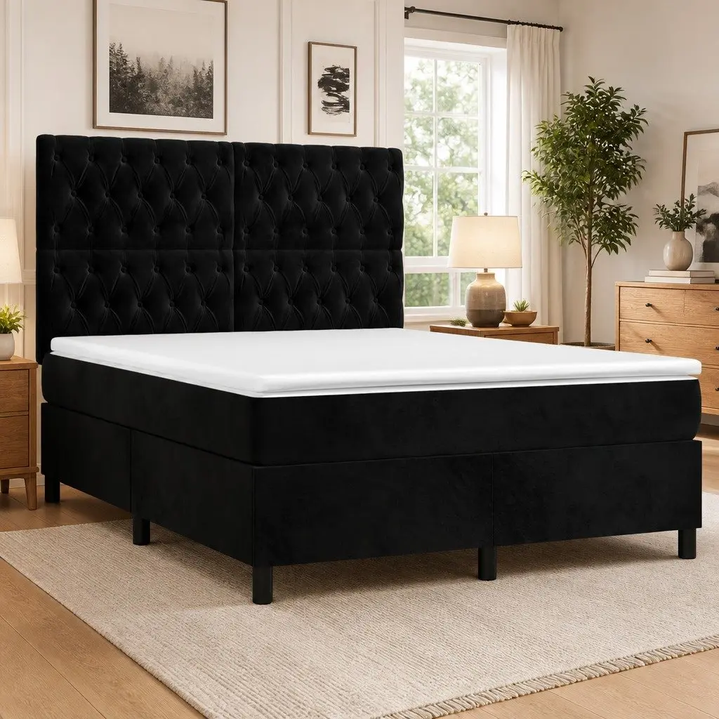 Queen Size Box Spring Bed Black Velvet Upholstered Frame with Adjustable Headboard and Pocket Spring Mattress