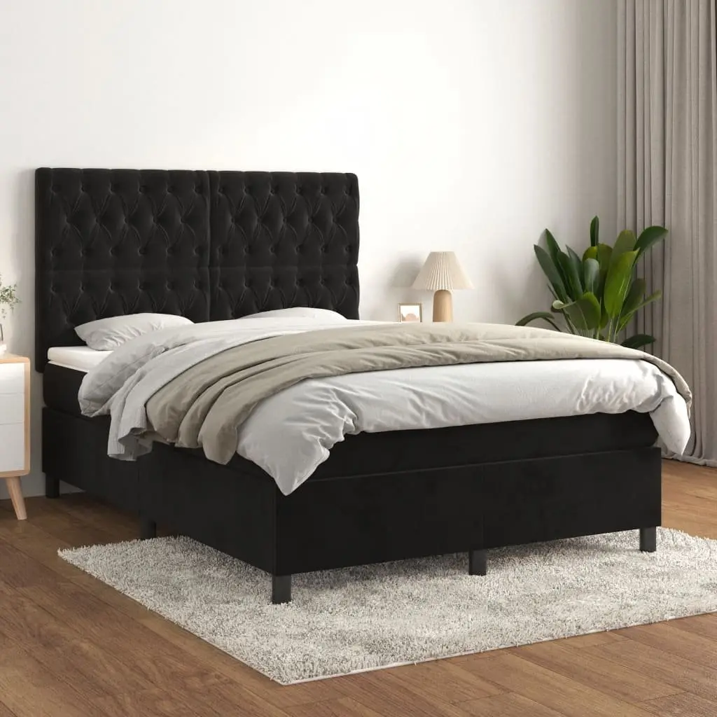 Queen Size Box Spring Bed Black Velvet Upholstered Frame with Adjustable Headboard and Pocket Spring Mattress