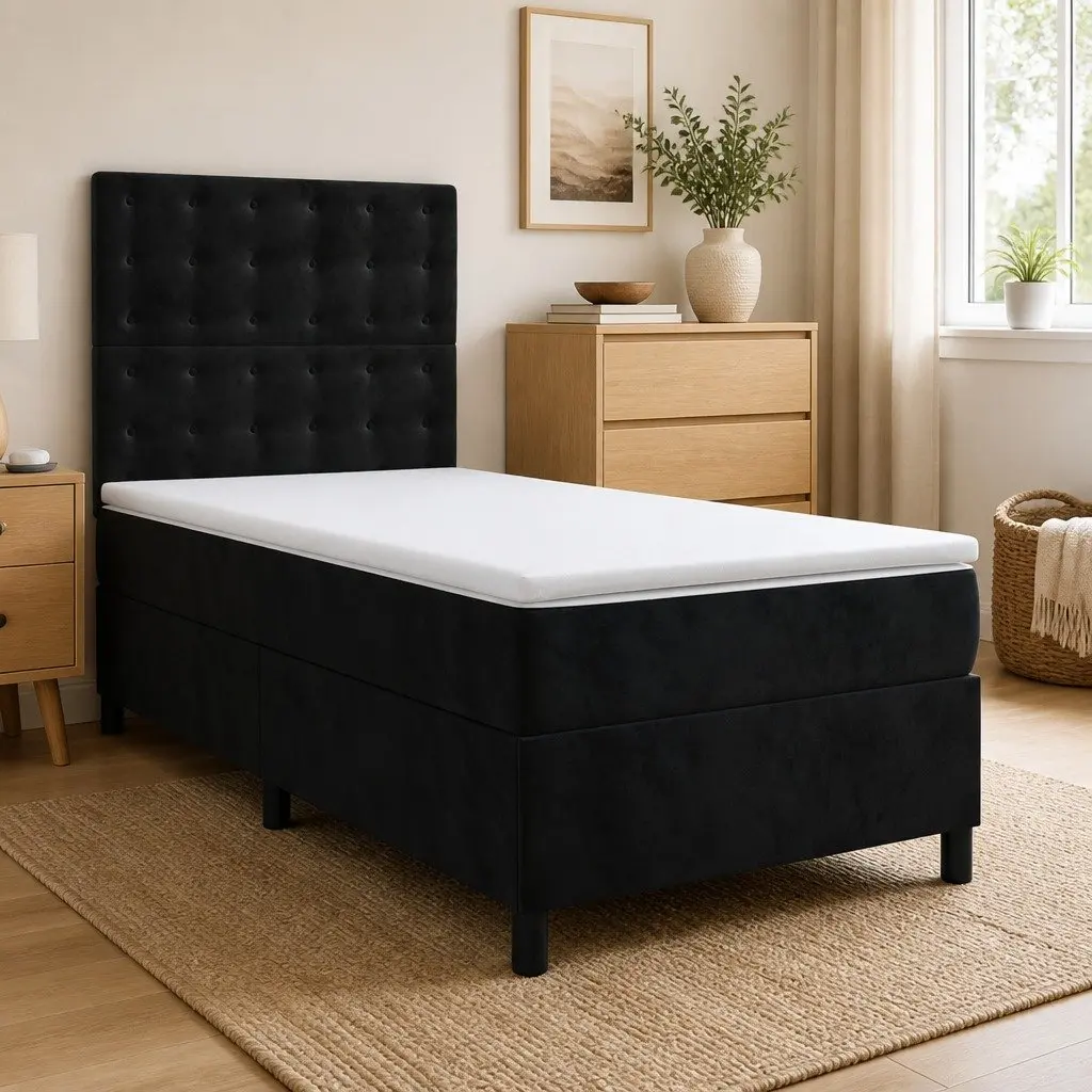 Box Spring Bed King Single Black Velvet Pocket Spring Mattress