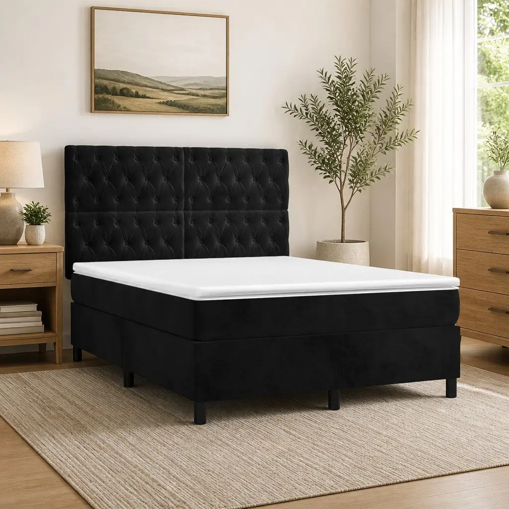 Double Box Spring Bed Black Velvet Adjustable Headboard Pocket Spring Mattress LED Lighting 137x187cm