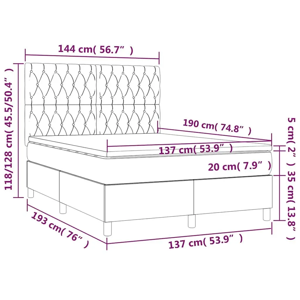 Double Box Spring Bed Black Velvet Adjustable Headboard Pocket Spring Mattress LED Lighting 137x187cm
