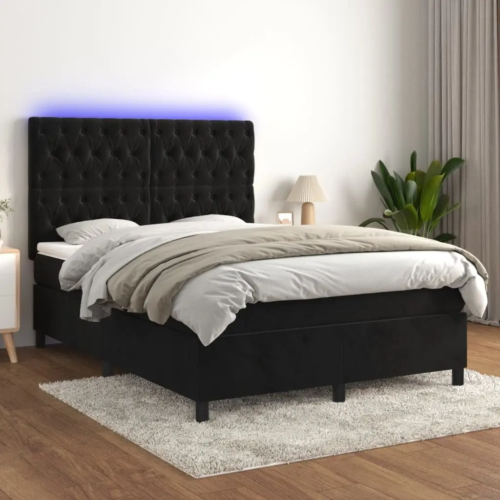 Double Box Spring Bed Black Velvet Adjustable Headboard Pocket Spring Mattress LED Lighting 137x187cm